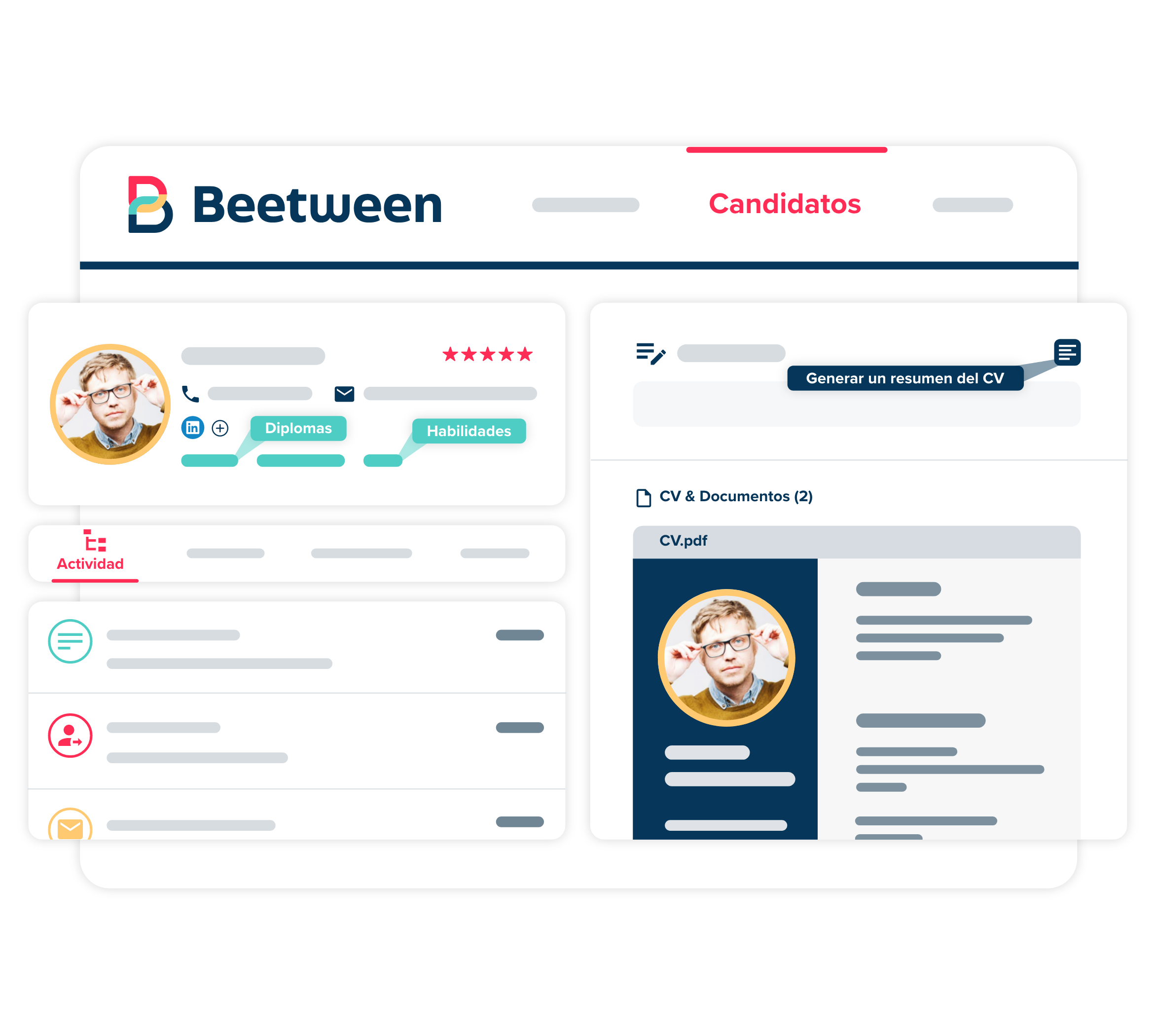 Beetween - Ficha de candidato con etiquetas automaticas resumen generado con IA, y generación de informes