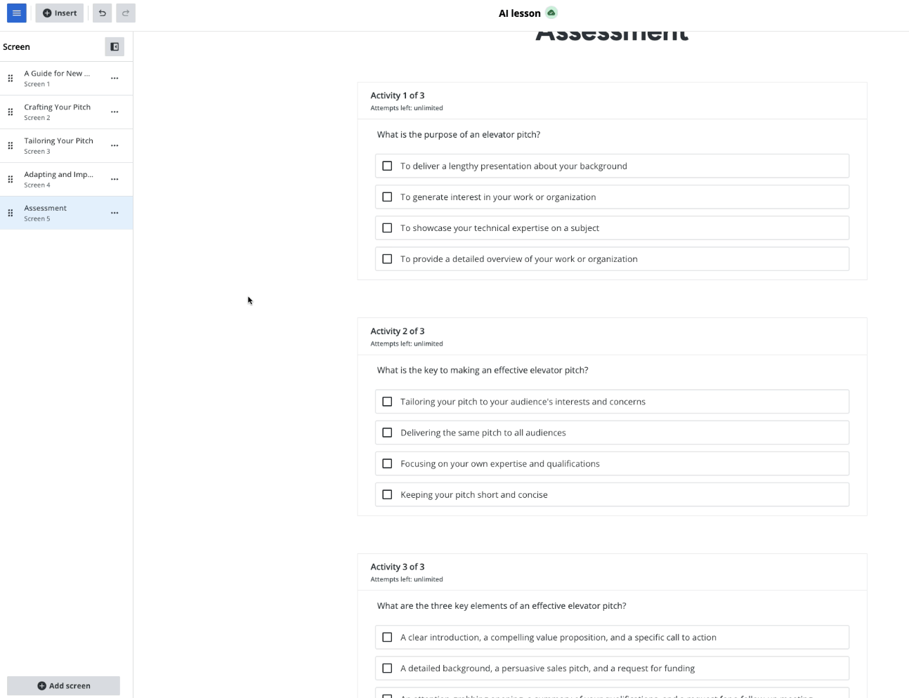 Docebo - Créez automatiquement grâce à l'IA tous types de questions pour mieux évaluer le niveau d'apprentissage de vos apprenants : QCM, vrai ou faux, réponses à remplir.