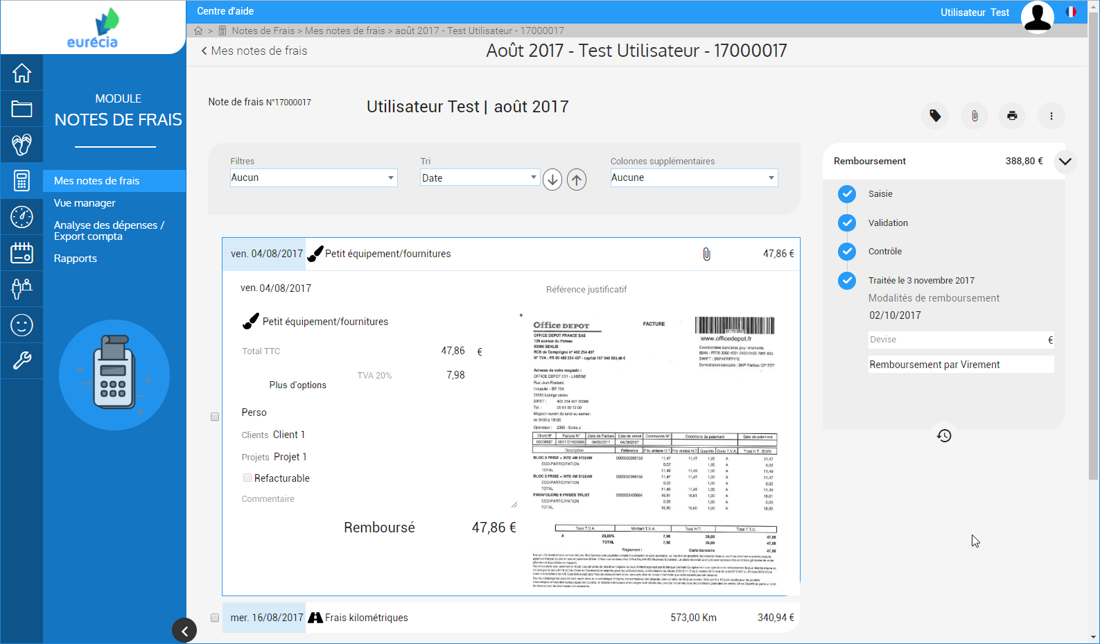 Eurécia Notes de frais - Module costs Notes: Quick and easy entry from a mobile or computer