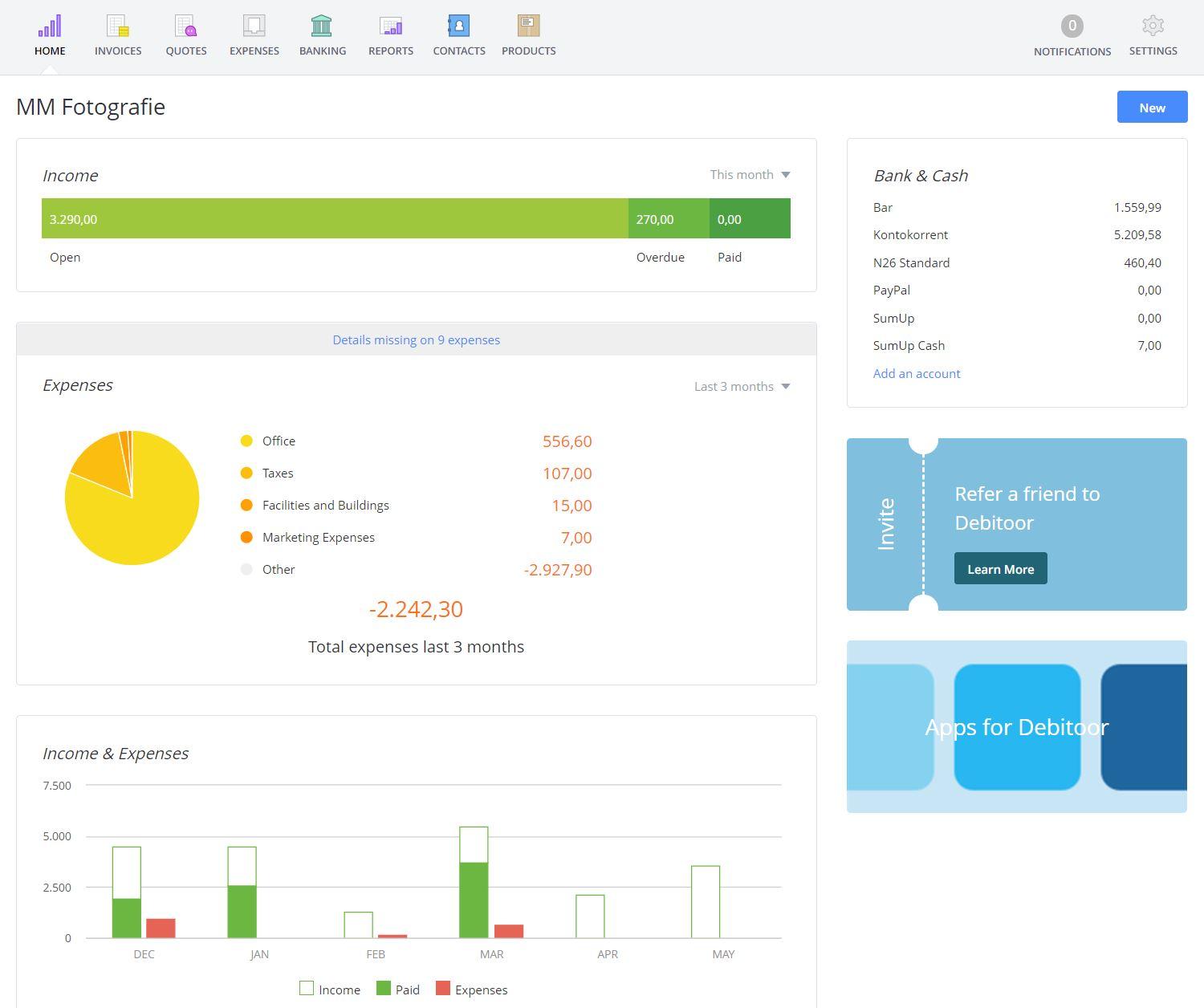 SumUp - Das Dashboard bietet eine Übersicht über alle Ihre Ausgaben und Geldzuflüsse.